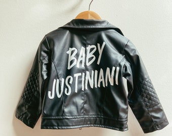 MADE TO ORDER Leather Baby Jacket / Hand Lettered Baby Announcement / Custom Hand Painted Biker Jacket for Kids / Pregnancy Reveal