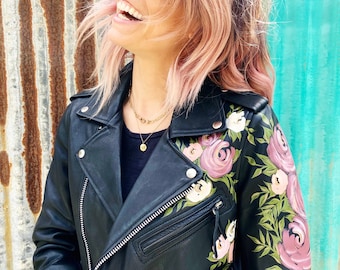 MADE TO ORDER / Hand-Painted Watercolor-Style Flowers on Genuine Leather Motorcycle Jacket // Made to Order // Custom Colors