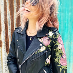 MADE TO ORDER / Hand-Painted Watercolor-Style Flowers on Genuine Leather Motorcycle Jacket // Made to Order // Custom Colors