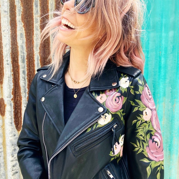 MADE TO ORDER / Hand-Painted Watercolor-Style Flowers on Genuine Leather Motorcycle Jacket // Made to Order // Custom Colors