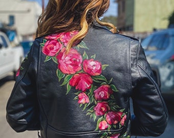 Painted Leather Biker Jacket / Hand Painted Florals