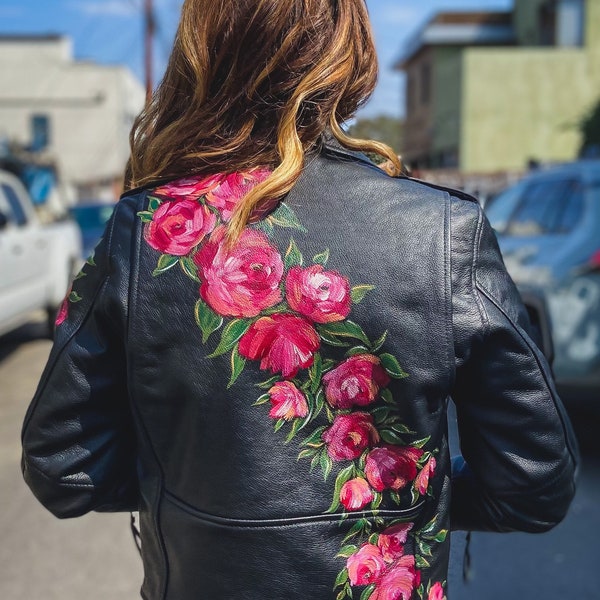 Painted Leather Biker Jacket / Hand Painted Florals