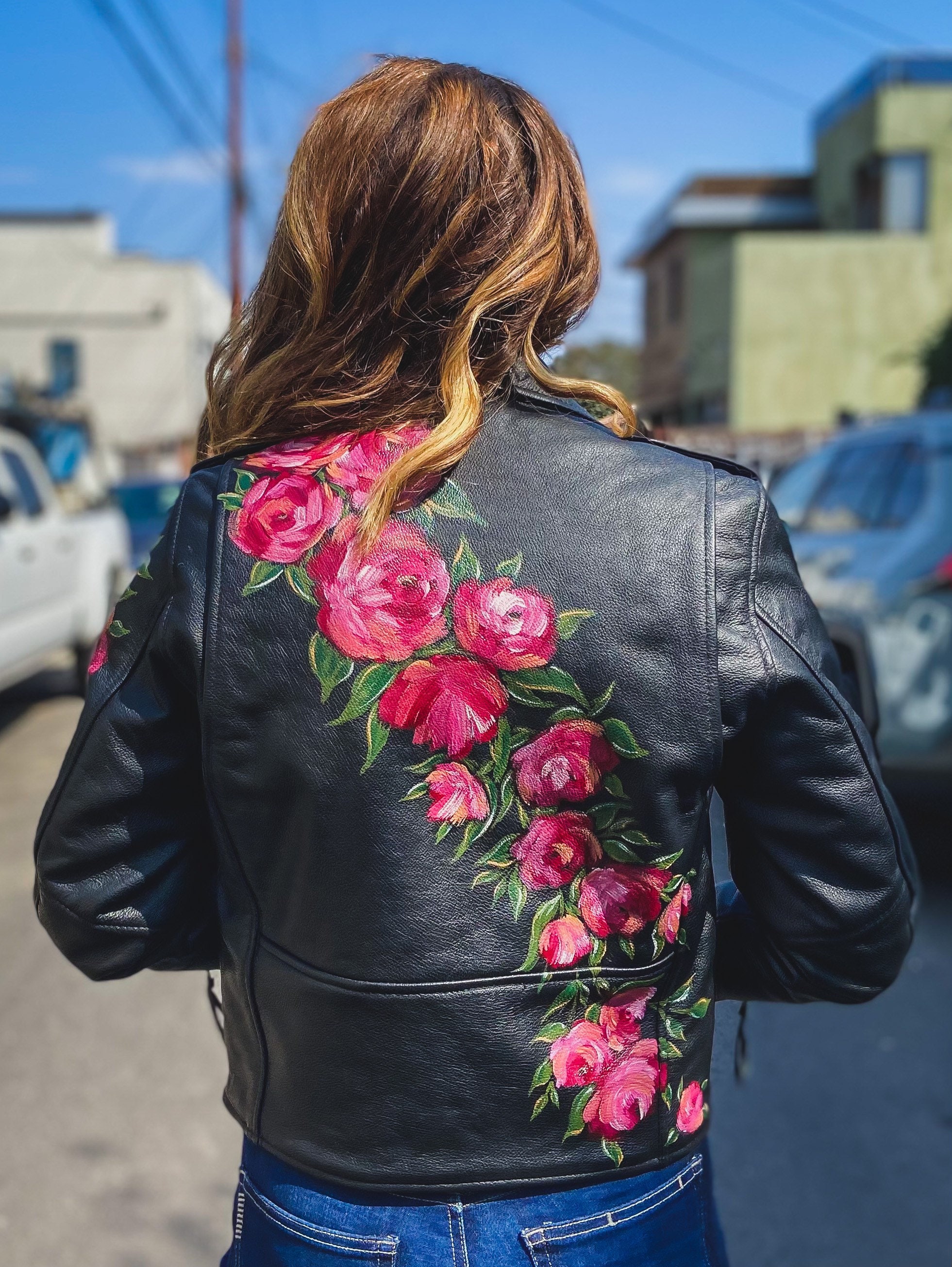 Floral Print Embroidery Biker Style Leather Jacket