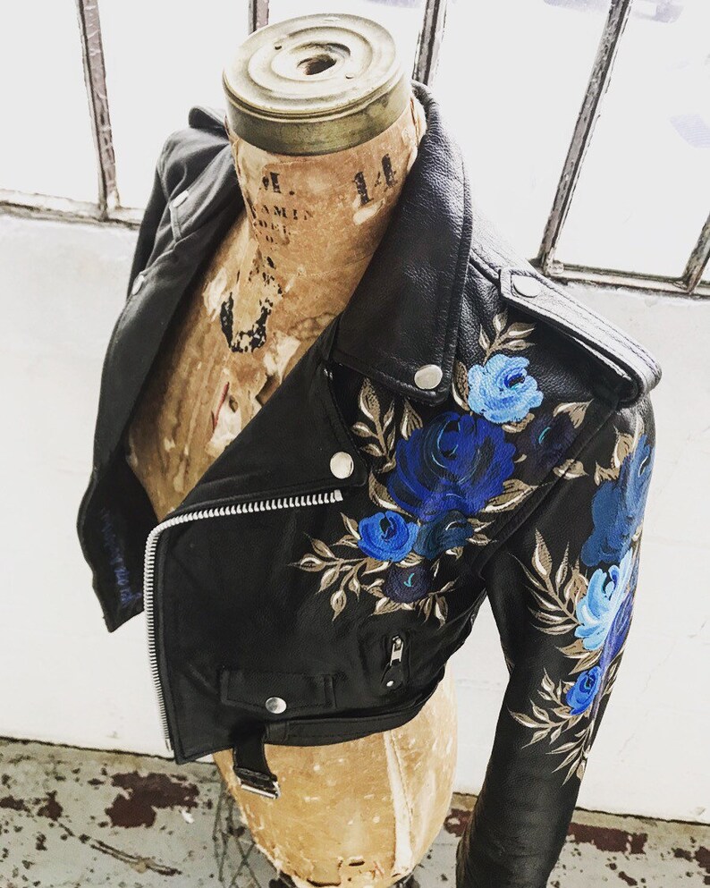 Vintage Leather Motorcycle Jacket With Hand Painted Blue Roses Extra Small