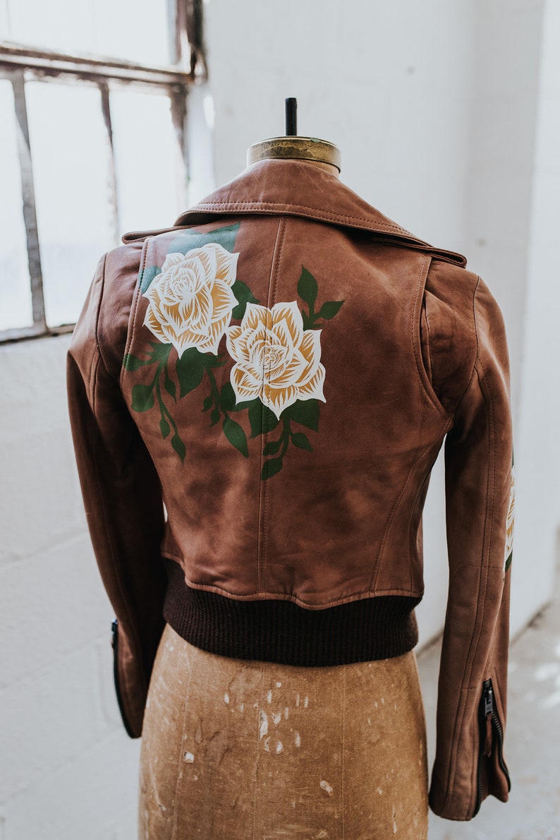 MADE TO ORDER / Custom Hand-Painted Roses on Genuine Leather Biker Jacket image 6