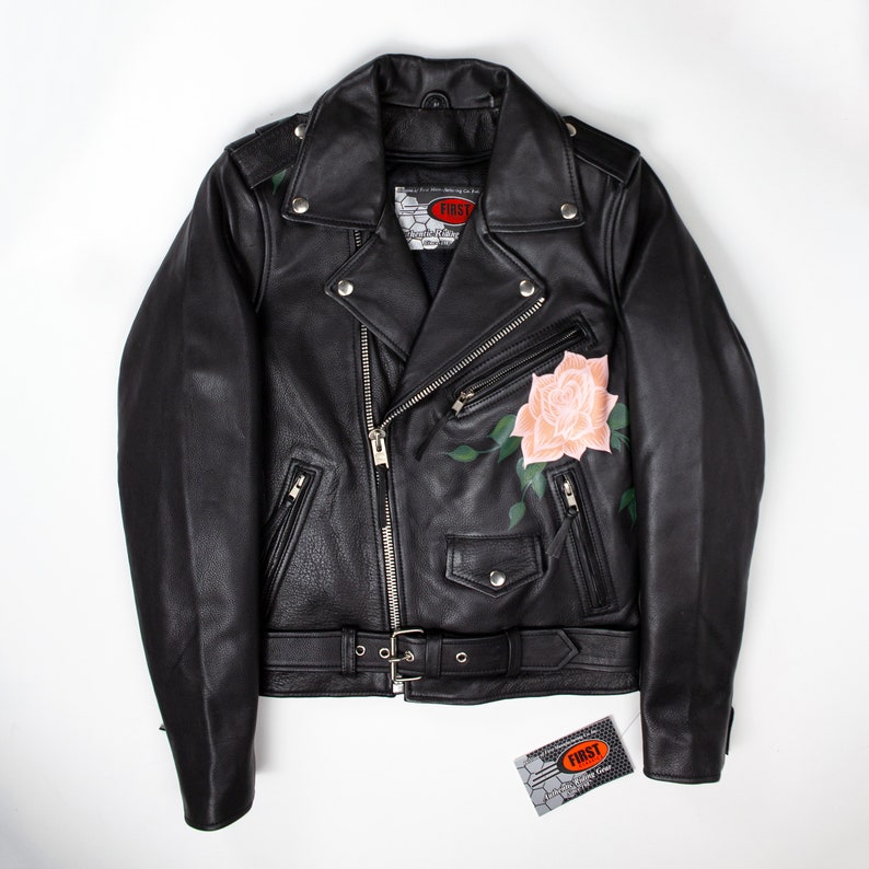 MADE TO ORDER / Custom Hand-Painted Roses on Genuine Leather Biker Jacket image 4