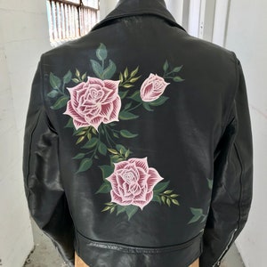 MADE TO ORDER / Custom Hand-Painted Roses on Genuine Leather Biker Jacket image 9