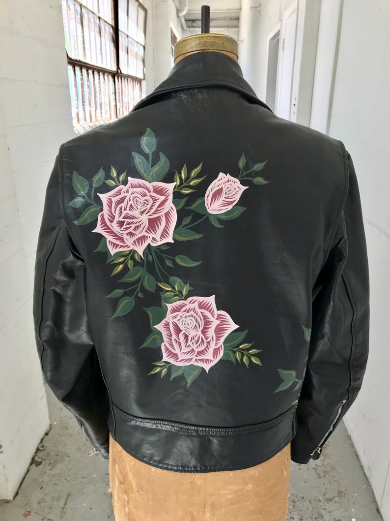 MADE TO ORDER / Custom Hand-Painted Roses on Genuine Leather Biker Jacket image 9