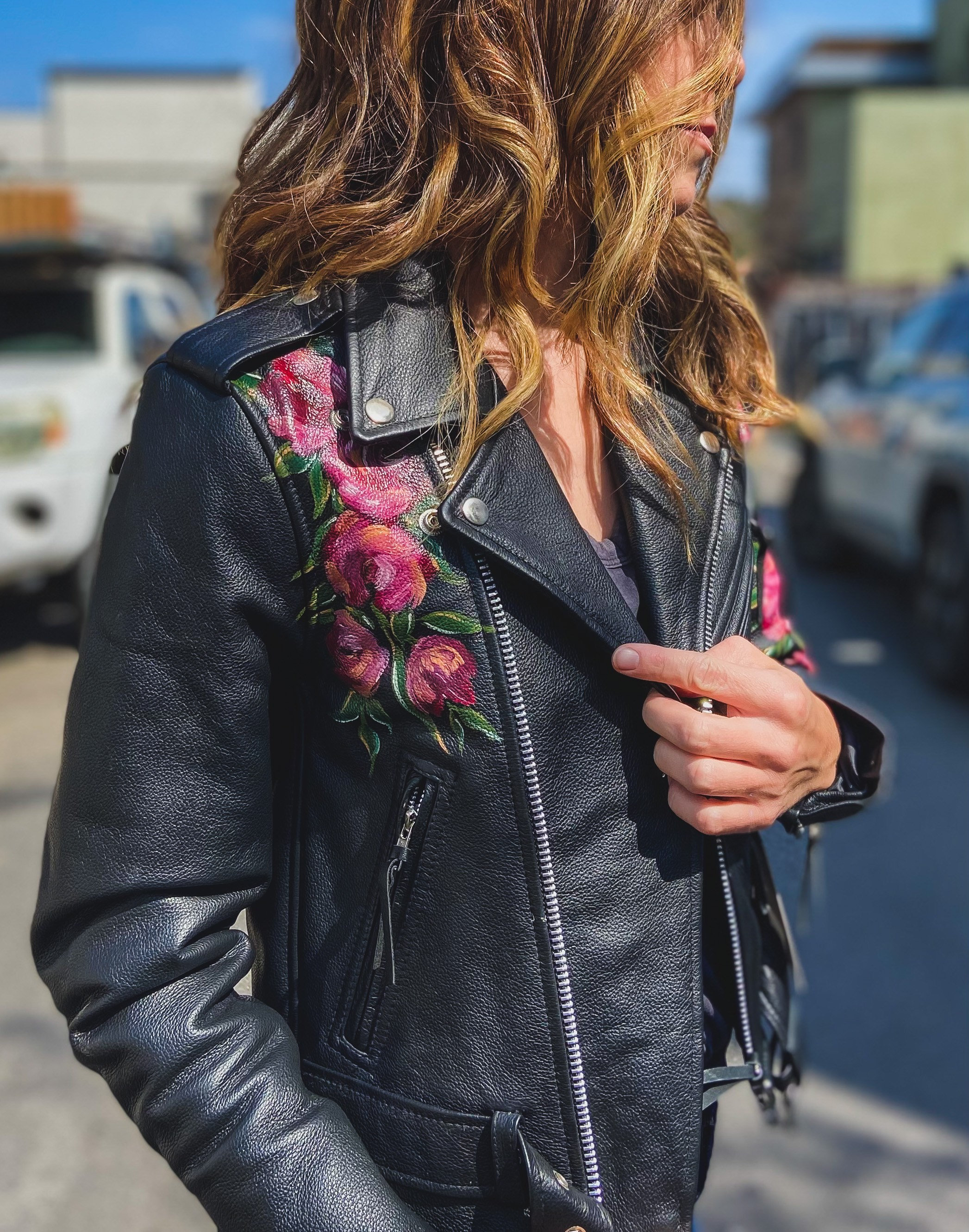 Biker Jacket Painting Floral Raffeallo Leather 