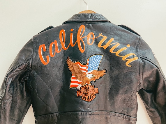 Vintage Kid's Harley Davidson Leather Biker Jacket With Original Patches  and Hand Painted Cali Art / California West Coast Kid / Size: XL 