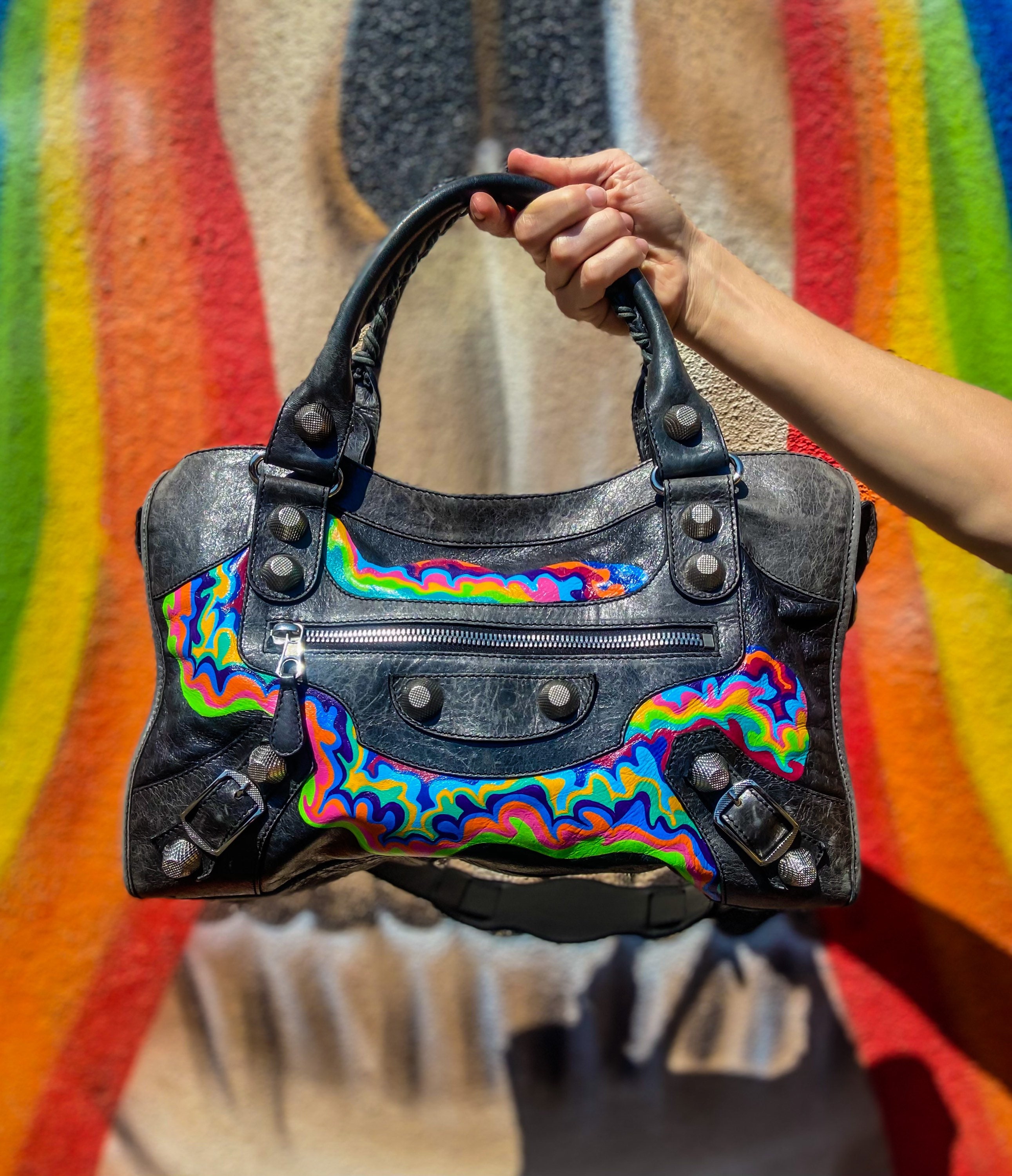 Custom Hand-painted Oil Slick Bag / Trippy Rainbow Handbag 