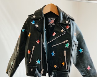 Vintage Kid's Leather Motorcycle Jacket with Hand-Painted Stars /  Children's Black Leather Biker / Bob Dylan Forever Young / Size: XS