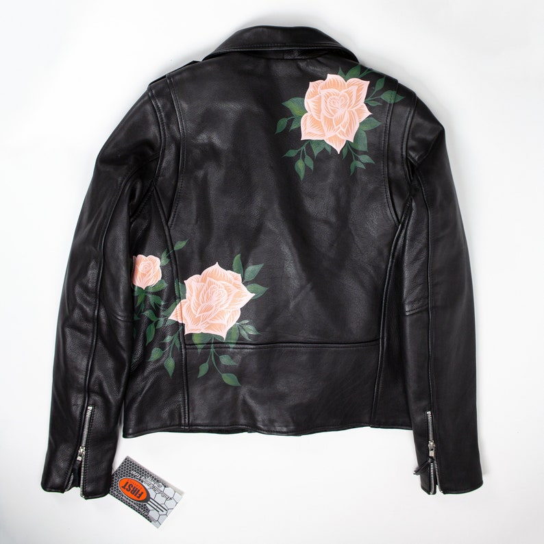 MADE TO ORDER / Custom Hand-Painted Roses on Genuine Leather Biker Jacket image 3