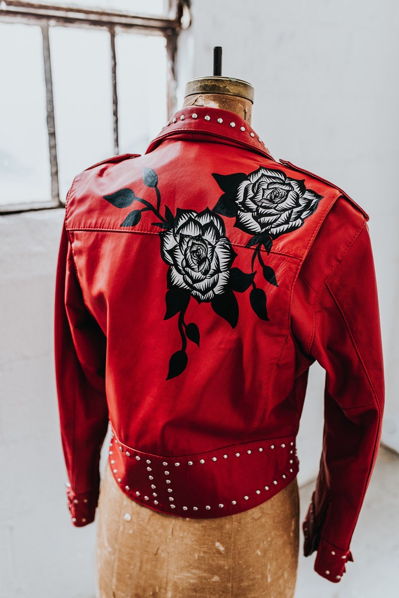 MADE TO ORDER / Custom Hand-Painted Roses on Genuine Leather Biker Jacket image 1