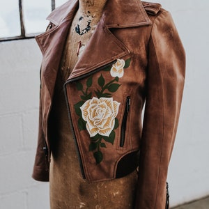 MADE TO ORDER / Custom Hand-Painted Roses on Genuine Leather Biker Jacket image 7