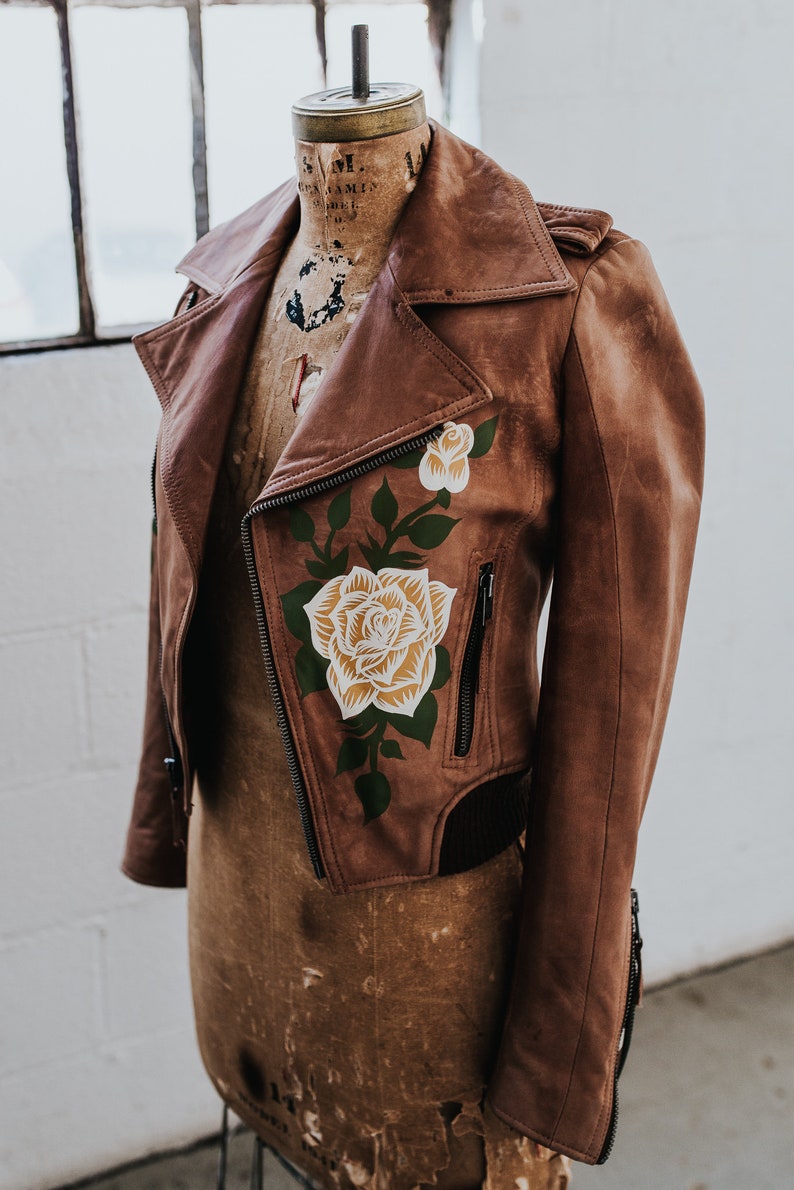 MADE TO ORDER / Custom Hand-Painted Roses on Genuine Leather Biker Jacket image 7