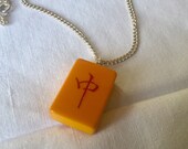 RED DRAGON MAHJONG, Vintage Bakelite Tile Pendant Necklace on Silvertone Chain Mahjong Necklace