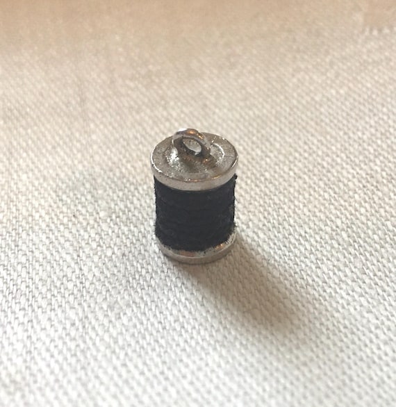 Silver Spool with Black Thread CHARM; Vintage Cha… - image 1