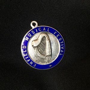 STERLING AWARD CHARM/Pendant, &quot;Enfield Musical Festival&quot; 1934, Blue Enamel, Antique Medal/Charm/Watch Fob. Hallmarked Birmingham England