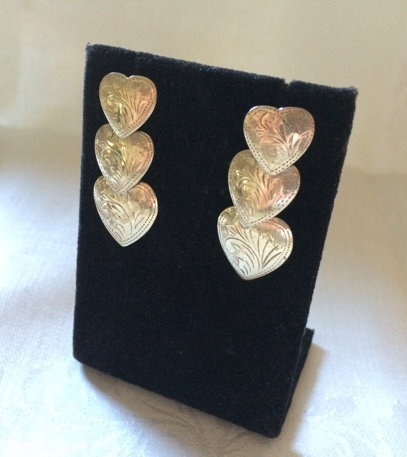 SILVER HEARTS EARRINGS Pierced; 3 Engraved Hearts of Different Sizes