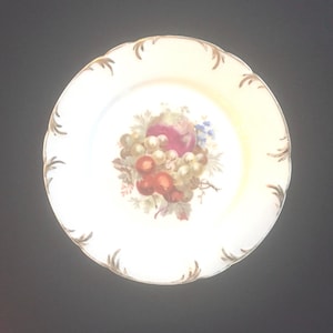 MZ AUSTRIA Hand Painted Porcelain Plate, Gold Rim, Light Blue Border, Painted Leaves and Strawberries