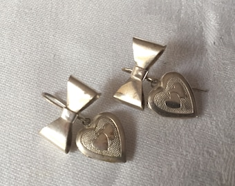 Sweet Vintage Silver Heart Locket and Bow Earrings