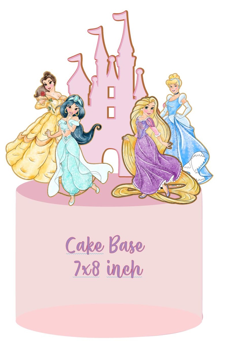 May include: A pink cake decorated with four Disney princesses: Belle, Jasmine, Rapunzel, and Cinderella. The princesses are standing in front of a pink castle cutout. The cake base is 7x8 inches.