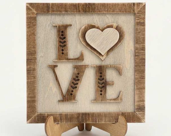 Mini LOVE Sign with Easel – 5.5” Square Shelf Decor – Rustic Farmhouse Tiered Tray Valentine Decor
