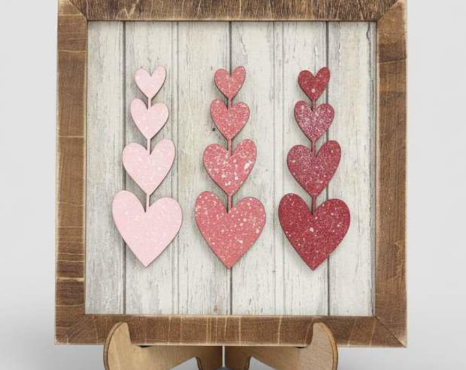 Tiered Heart Art Sign with Easel – 5.5” Square Shelf Decor – Rustic Farmhouse Tiered Tray Valentine Decor