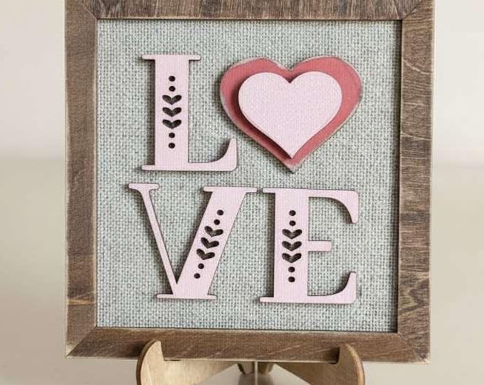 Mini LOVE Sign with Easel – 5.5” Square Shelf Decor – Rustic Farmhouse Tiered Tray Valentine Decor