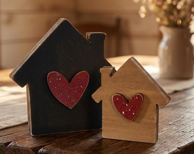 Reversible House Shelf Sitter Set, Rustic Home Decor Pair, Double-Sided Wood Houses with Hearts, Farmhouse Shelf Decor