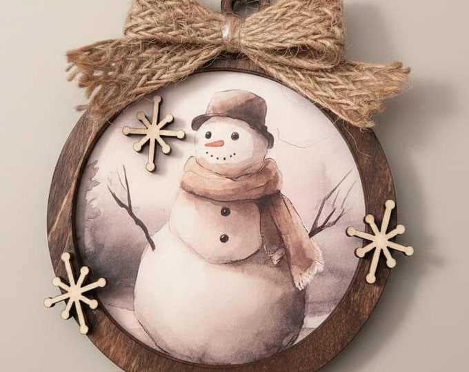Rustic Snowman Christmas Ornament • Farmhouse Winter Decor • Layered Wood Ornament with Burlap Bow • Neutral Holiday Tree Decoration