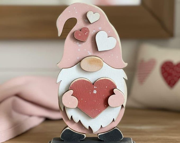 Valentine Gnome Shelf Sitter – Handmade Rustic Farmhouse Valentine Decor – Wooden Gnome with Heart Accent