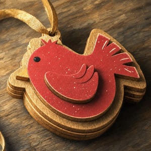 May include: A layered wooden bird ornament featuring a red painted surface with white speckles, a small black dot for an eye, and a gold ribbon attached to the top. The bird shape is constructed from stacked wood pieces with visible grain.