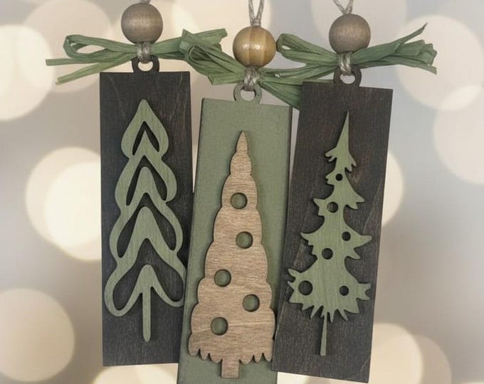 Rustic Christmas Tree Ornaments - Green Gray Brown Stained Vintage Gift Pack or Bulk Winter Tree Holiday Ornament Finished Handpainted