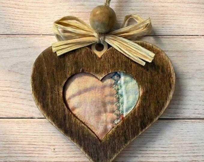 Reclaimed Quilt Heart Ornament – Rustic Fabric Heart – Handmade Valentine Ornament – Farmhouse Heart Deco