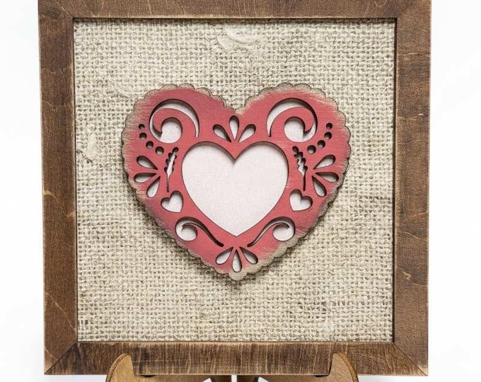 Lacy Heart Wooden Sign, Valentine Farmhouse Decor, Rustic Heart Shelf Sitter with Faux Burlap Background, Handmade Wood Sign & Easel