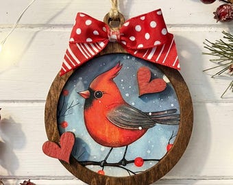 Rustic Cardinal Christmas Ornament • 3 Inch Round Wooden Ornament with Bow • Winter Bird Holiday Decor • Handmade Farmhouse Tree Ornament