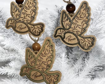 Rustic Peace Dove Christmas Ornaments – Handcrafted Wooden Ornaments - Bulk/Wholesale Options, Two-Tone Layered Design, Brown & Green Trim