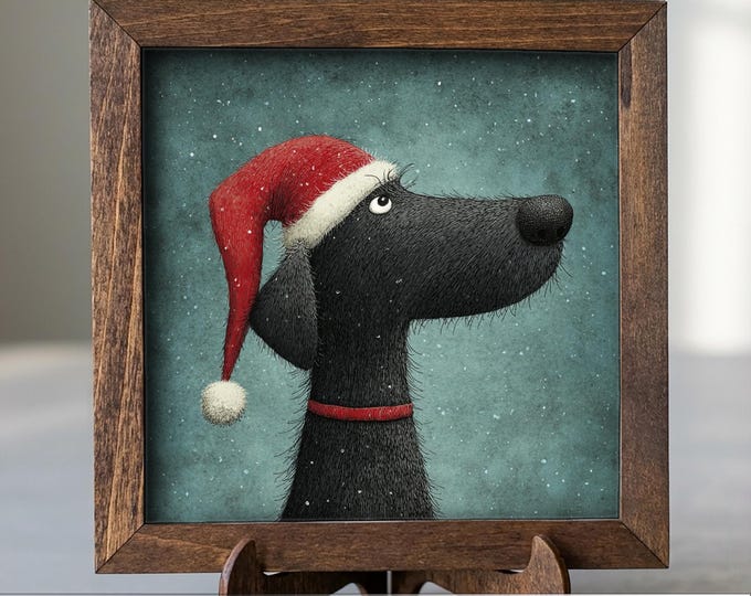 Christmas Dog Framed Art | Whimsical Holiday Dog Illustration | Pet Lover Christmas Decor | Rustic Farmhouse Frame | Easel Included