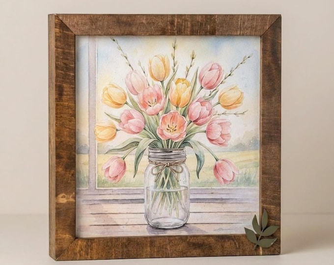 Tulip Mason Jar Wood Sign • Farmhouse Watercolor Floral Art