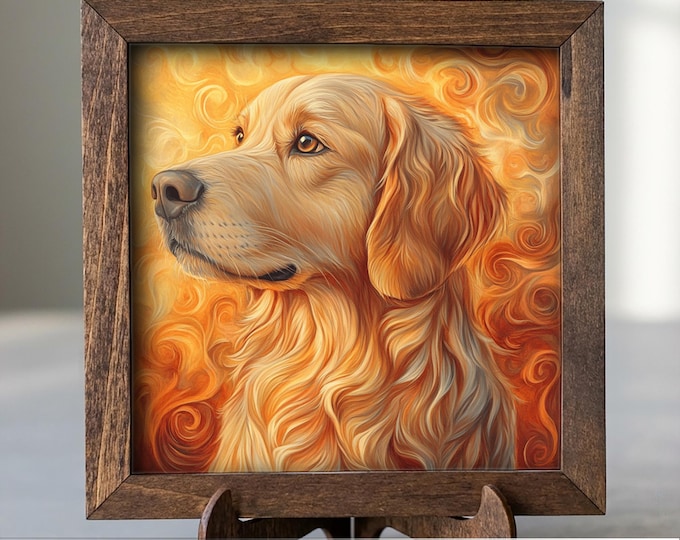 Deep Reddish Gold Golden Retriever Dog Framed Art, Watercolor Golden Retriever Portrait, 5.5 Inch Shelf Decor with Easel, Dog Lover Gift