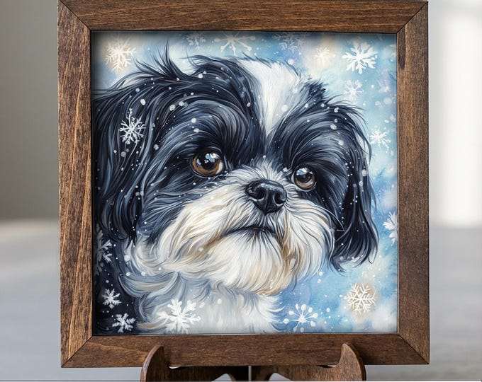 Black and White Shih Tzu Dog Framed Art, Watercolor Shiba Inu Portrait, 5.5 Inch Shelf Decor with Easel, Dog Lover Gift
