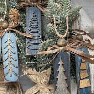 Rustic Christmas Tree Ornaments - Blues Grays and Browns Stained Vintage Bulk Winter Tree Holiday Ornament Handcrafted Wholesale