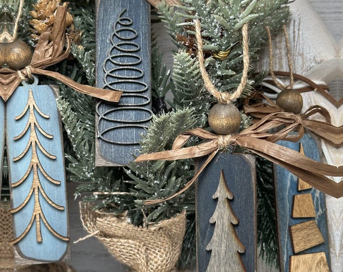 Rustic Christmas Tree Ornaments - Blues Grays and Browns Stained Vintage Bulk Winter Tree Holiday Ornament Handcrafted Wholesale