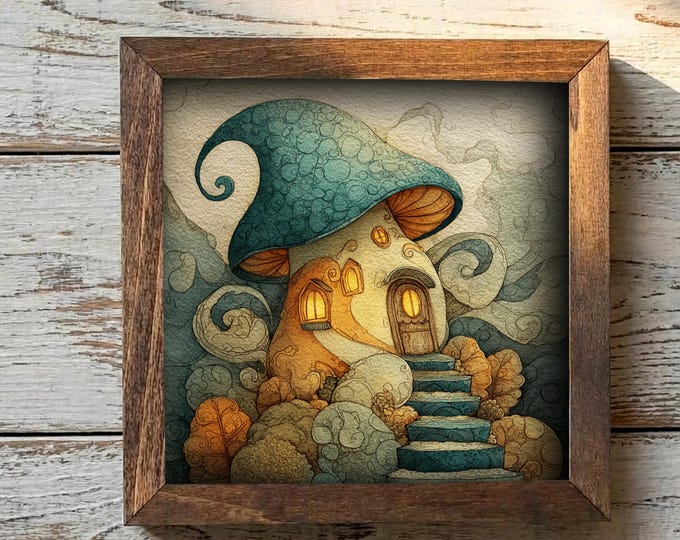 Whimsical Mushroom House Framed Art | Fairy Cottage Decor | Cozy Storybook Illustration | Rustic Farmhouse Frame