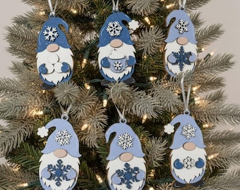 Snowflake Gnome Ornaments – Blue & Gray Winter Gnome Decor – Layered Wood Christmas Ornament – Rustic Farmhouse Holiday Decor Handmade Gift