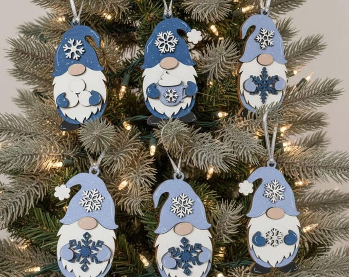 Snowflake Gnome Ornaments – Blue & Gray Winter Gnome Decor – Layered Wood Christmas Ornament – Rustic Farmhouse Holiday Decor Handmade Gift