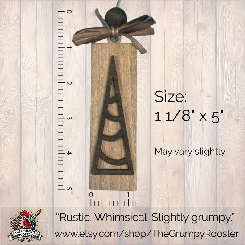 Rustic handmade wooden ornaments in warm brown and gray tones, farmhouse tree décor.