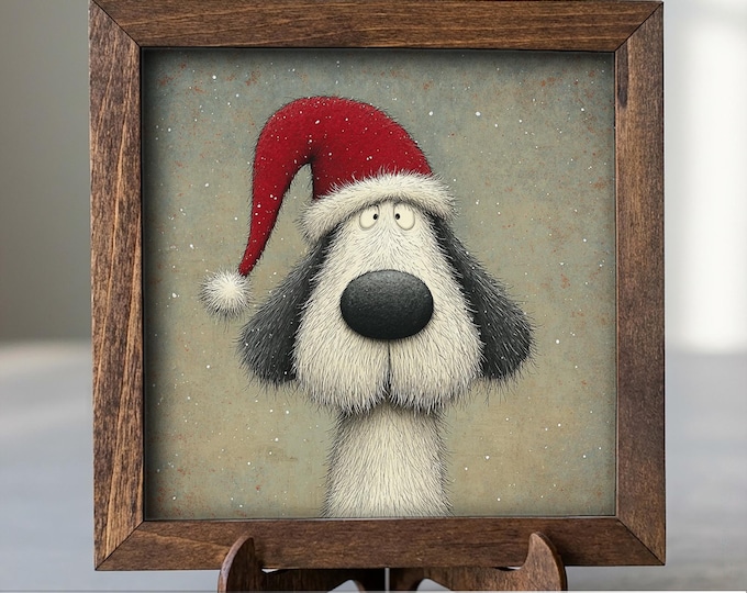 Christmas Dog Framed Art | Whimsical Holiday Dog Illustration | Funny Pet Lover Christmas Decor | Rustic Wood Frame | Easel Included